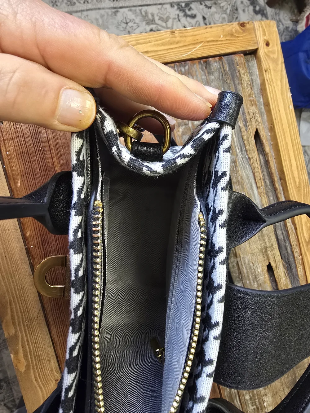 Black & White Houndstooth Top-Handle Bag with Gold Accent